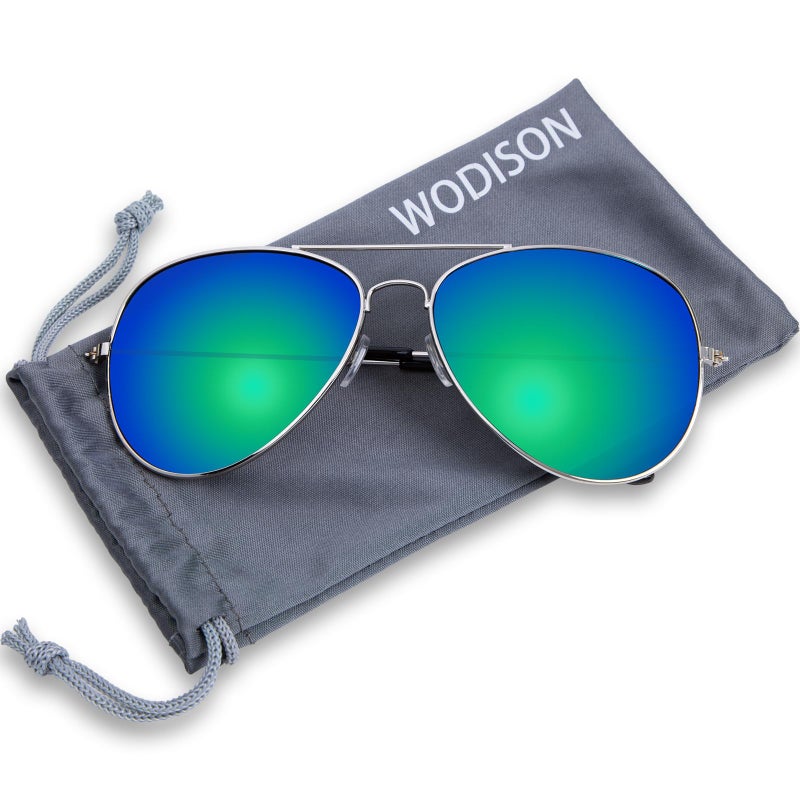 Wodison Classic Kids Sunglasses for Boys Girls Children sunglasses Reflective Metal Frame Silver Frame Blue Mix Green Lens - Image 2
